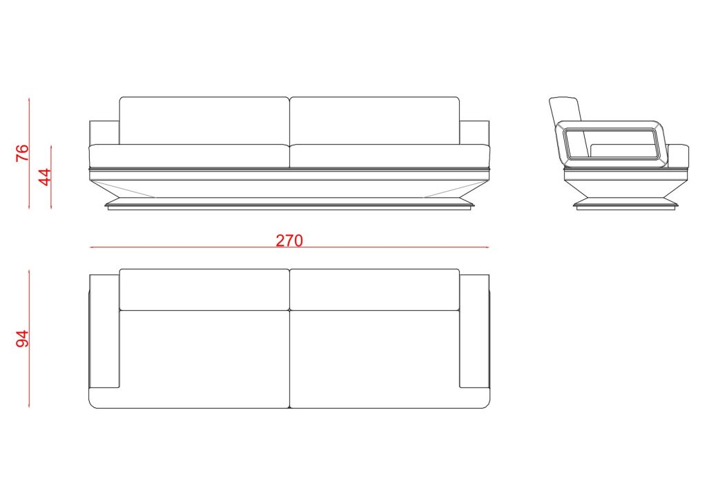 Technical drawing of the Athena Three-Seat Sofa (With Arms)
