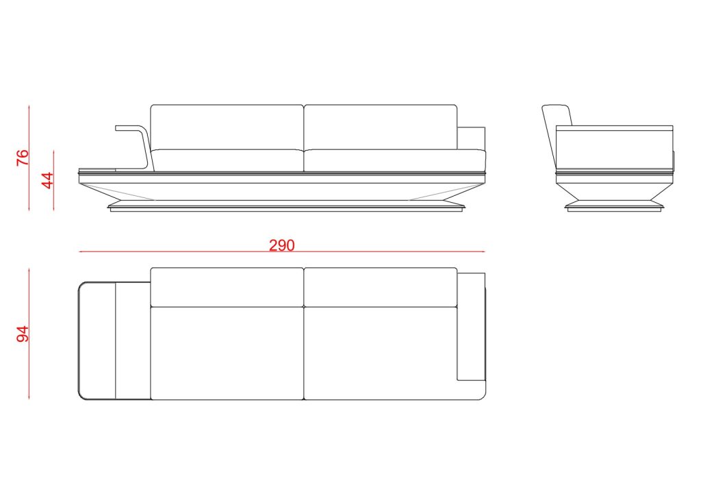 Technical drawing of the Athena Three-Seat Sofa (With Coffee Table)