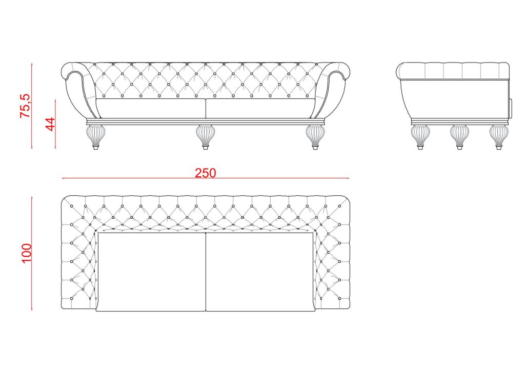 Elsiyum Three-Seat Sofa technical drawing