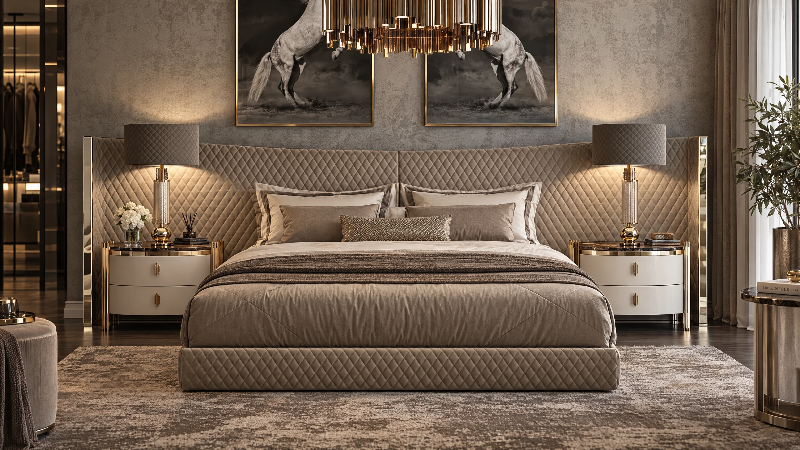 Cratos quilted bed and dresser sets, bedroom with chandelier and dressing room – Zebrano Mobilya
