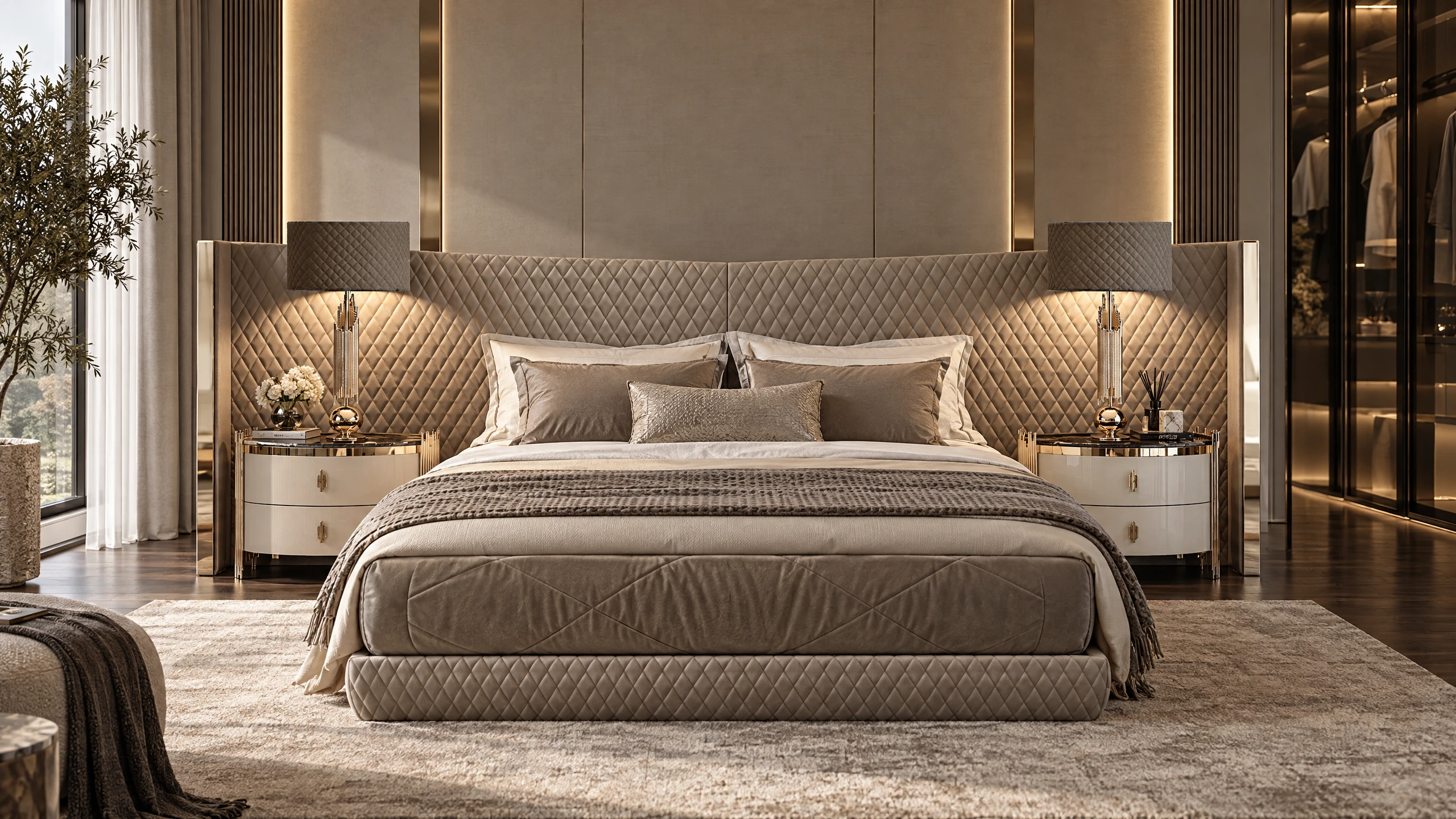 Cratos quilted bed with front view, coffee tables and dressing room – Zebrano Furniture
