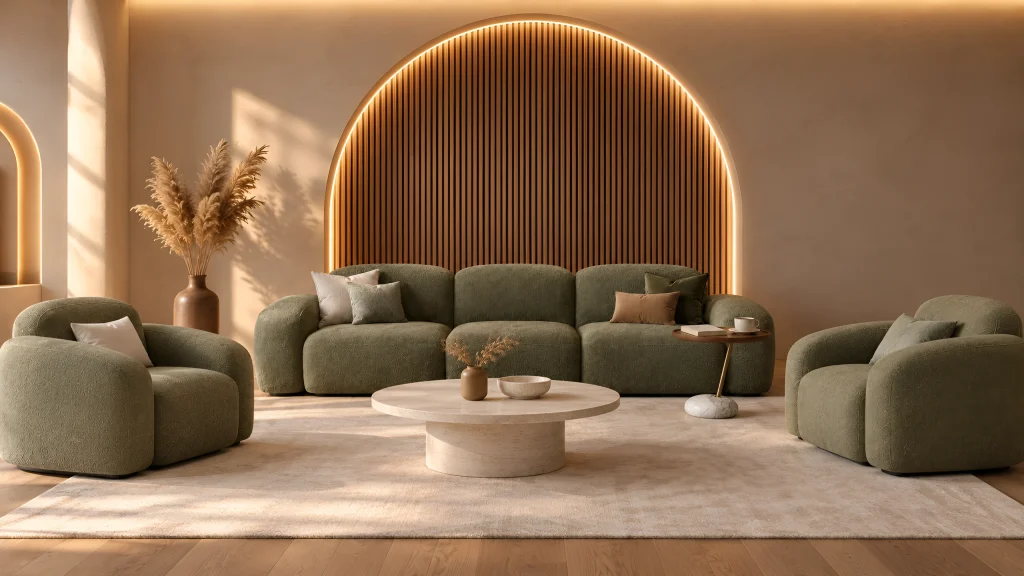 Olive green Luna sofa with three seats, single seats and side tables for the living room