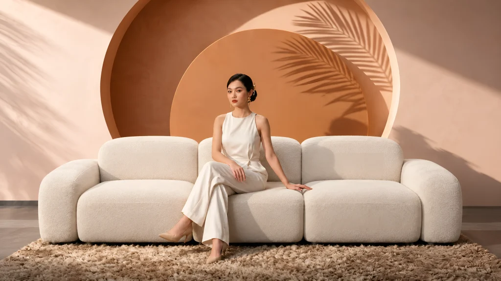 Luna three-seater sofa, front with terracotta background