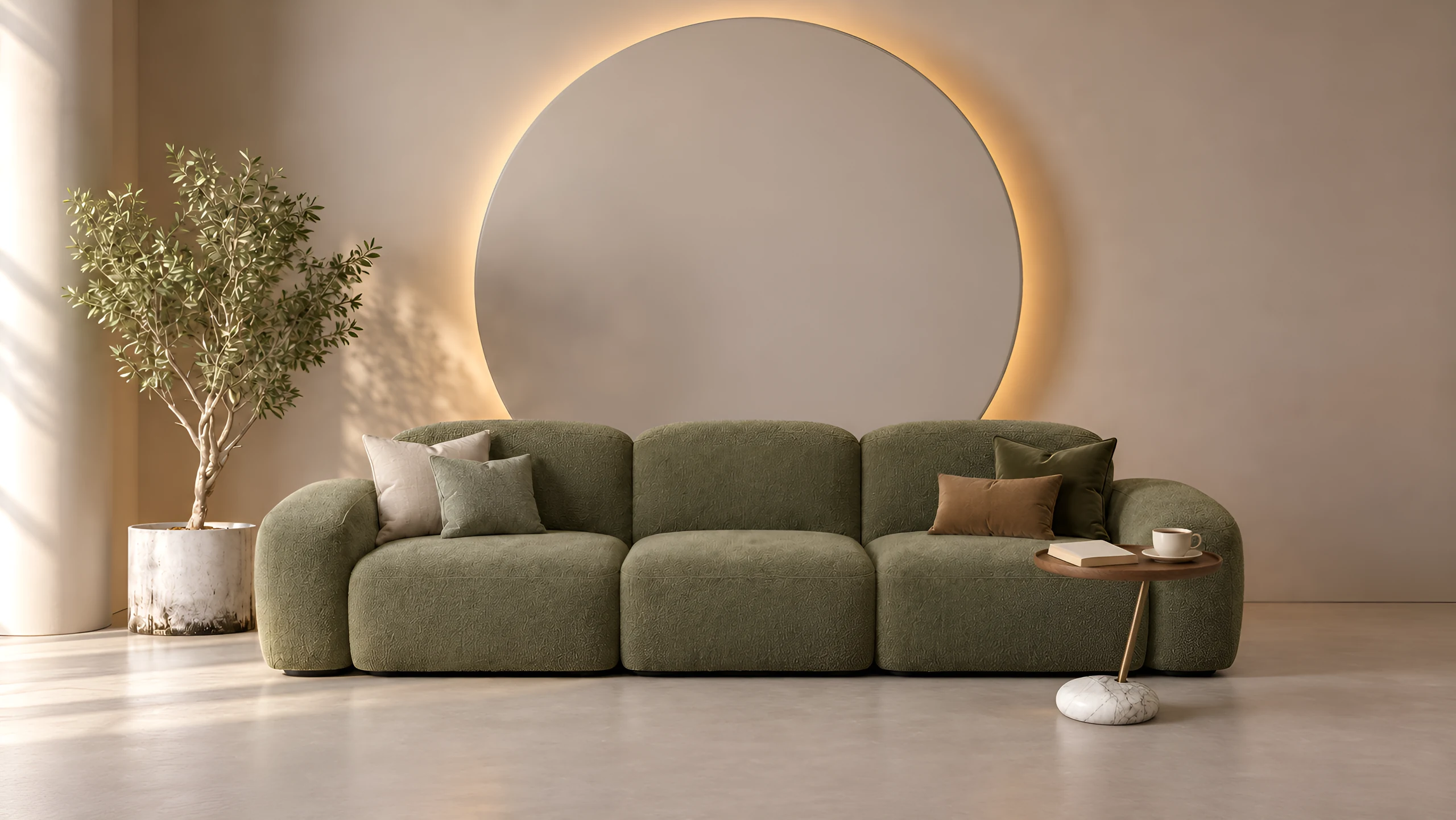 Olive green Luna three-seater sofa and Luna side table