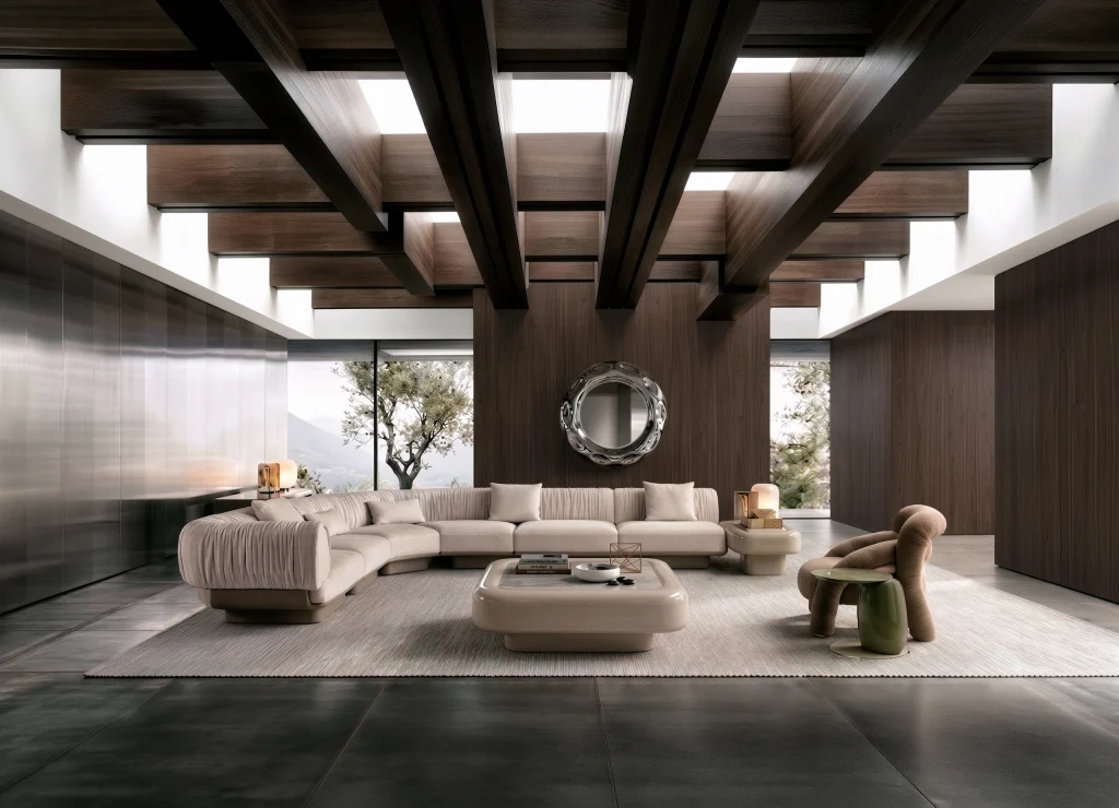 Living room with Nova corner sofa, center table and bar counter and wooden beams