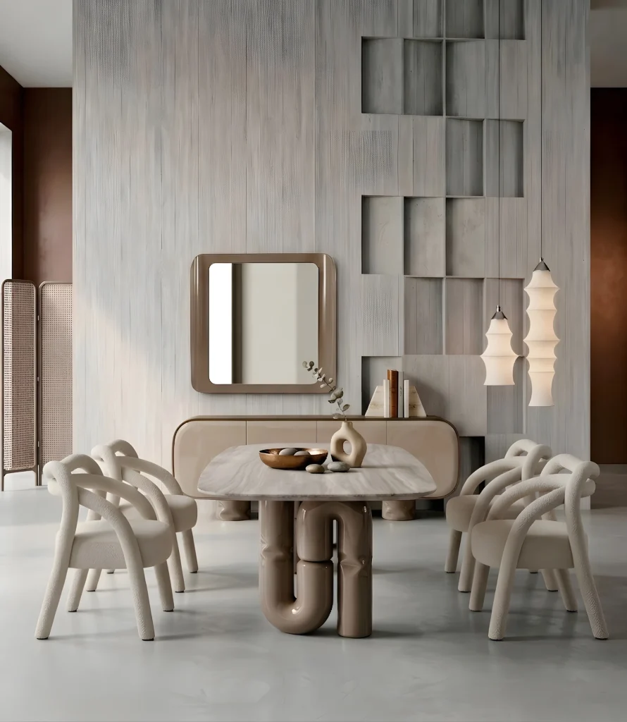 Nova dining table, chairs and console, front view