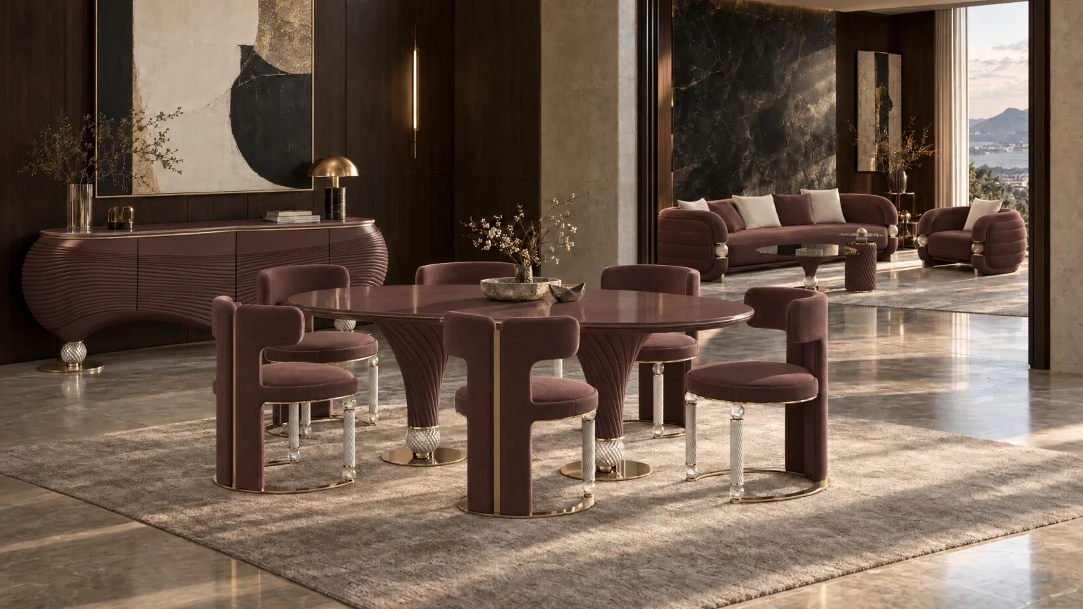 Bordo kadife Opheline yemek odası takımı, mermer zeminli manzaralı salon