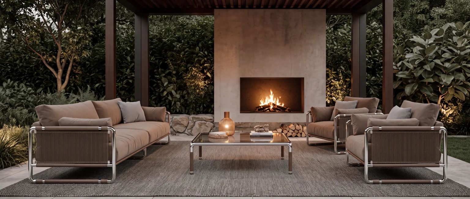 Zebrano Outdoor dış mekân oturma grubu, şömineli pergola altında